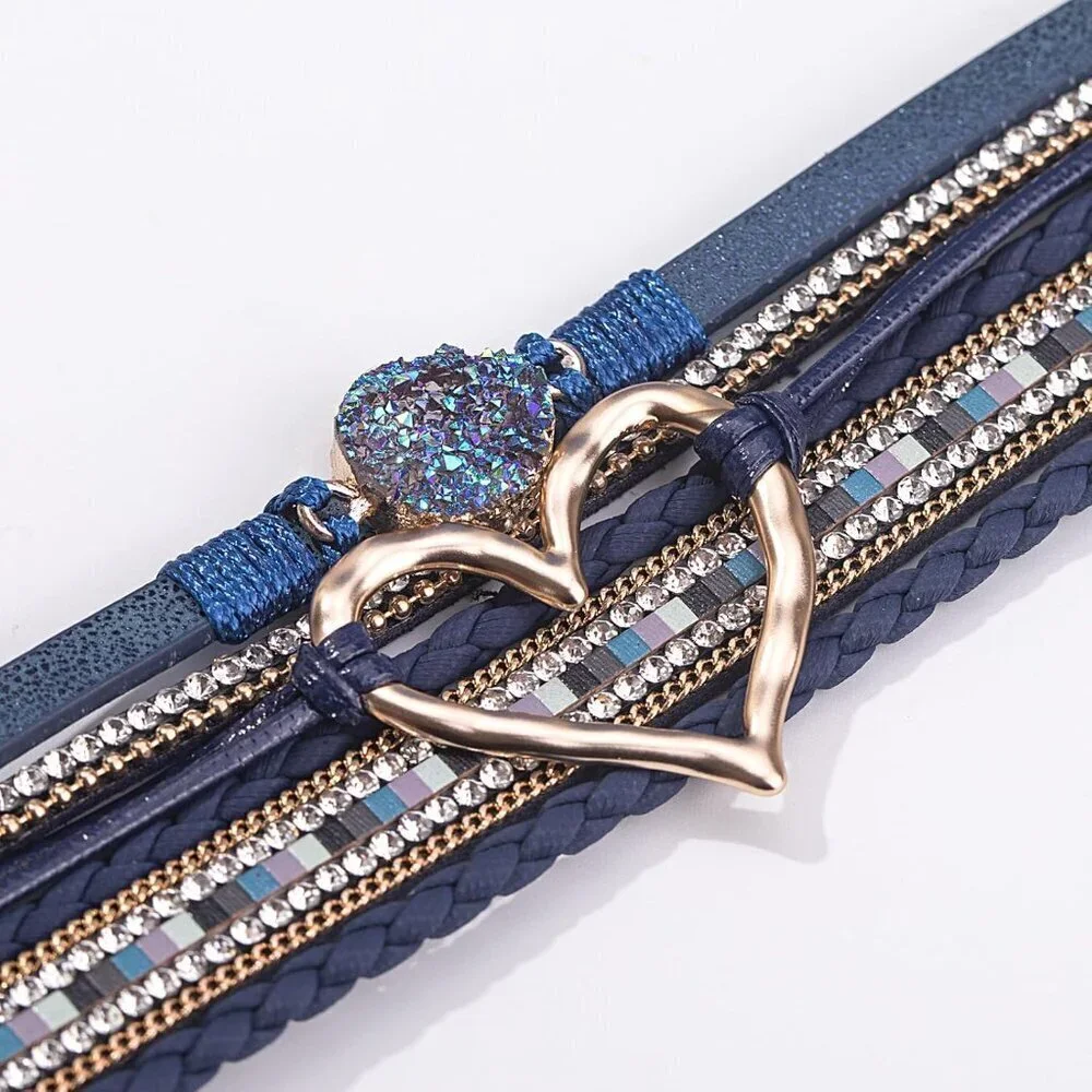 Women's Blue Heart Leather Wrap Stackable Boho Resin Stone Rhinestone Bracelets